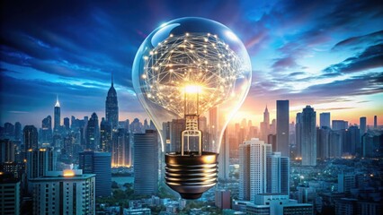 Poster - Glowing Lightbulb with Microchips Illuminating City Skyline