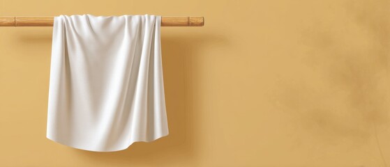 Aufkleber - Minimalist studio shot of white towel hanging on bamboo rod against tan wall simple elegant zen spa style clean backdrop