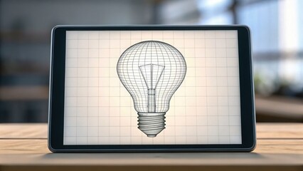 Poster - Conceptual Sketch of a Light Bulb Wireframe on Digital Tablet Display
