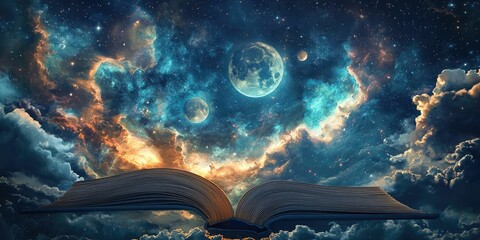 Wall Mural - fantasy illustrated sky full of moons and nebulae rising from book