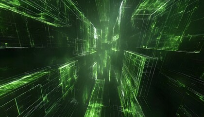 Wall Mural - abstract digital cityscapes in a vibrant green light.