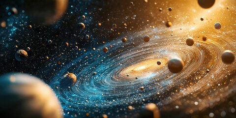 Wall Mural - flying planets and illustrated stars spiraling out of bookâ€™s core like magic