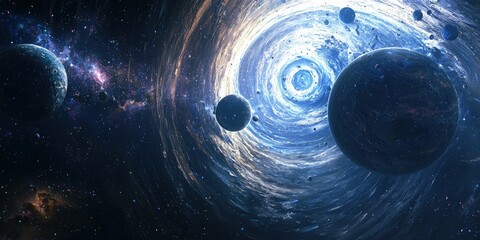 Wall Mural - flying planets and illustrated stars spiraling out of bookâ€™s core like magic
