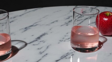 Poster - Rosy glass elegance and simple composition with pink drink, clear glasses, and red apple marble table for modern, elegant table