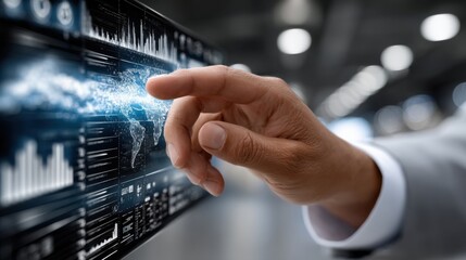 Fototapete - A man is touching a screen with a finger