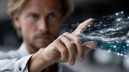 Fototapete - A man is pointing at a screen with a hand