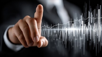 Poster - A man is pressing a button on a computer screen with a graph of numbers