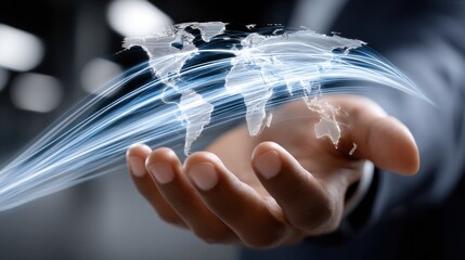 Poster - A hand holding a globe with a blue and white background