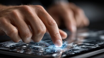 Poster - A person is using a tablet to touch a screen and make a point