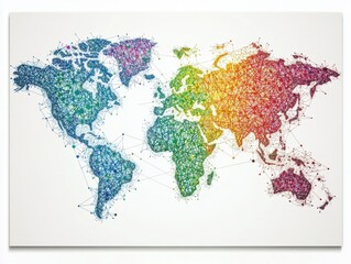 colorful world map illustration on white background networked connections global communication graph