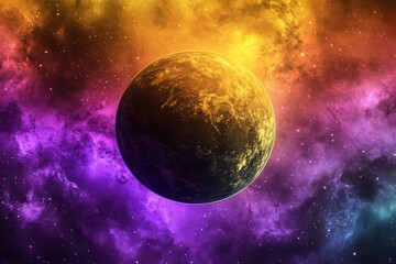 Wall Mural - dramatic close up of a planet in a colorful nebula with stars and cosmic dust in deep space