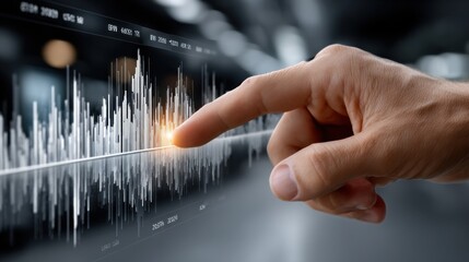 Fototapete - A hand is pointing at a graph with a red dot on it