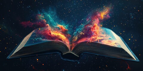 Wall Mural - open bookâ€™s spine cracking open like a portal to colorful deep space