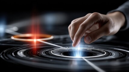 Aufkleber - A hand is touching a glowing circle on a black background
