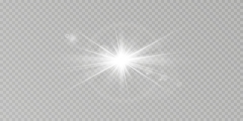 Wall Mural - White star-sun light with glowing rays and radiant flashes. A high-quality vector illustration featuring bright white light particles, glitter effects, and shimmering sunbursts. 