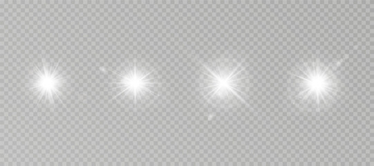 Wall Mural - White star-sun light with glowing rays and radiant flashes. A high-quality vector illustration featuring bright white light particles, glitter effects, and shimmering sunbursts. 
