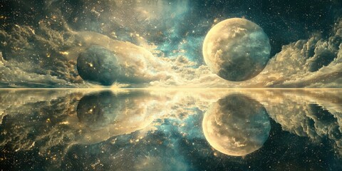Wall Mural - pages turning into mirrored cosmic reflections-stars, moons, and dream elements