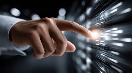 Leinwandbilder - A hand pointing at a screen with a bright light on it