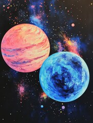 Wall Mural - two planets in space acrylic painting colorful galaxy with stars and nebulae artistic close-up view