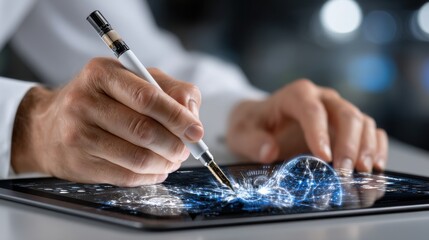 Poster - A man is writing on a tablet with a pen