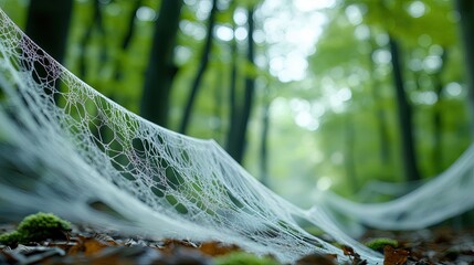 Flying spider webs in the forest. 