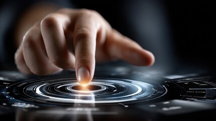 Leinwandbilder - A hand is pointing to a glowing circle on a screen