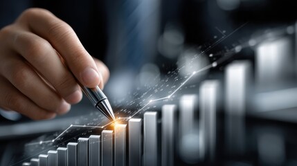 Leinwandbilder - A person is writing with a pen on a graph that has a line going up