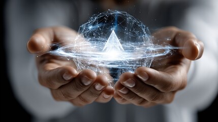 Fototapete - A person is holding a sphere in their hands, which is surrounded by a blue