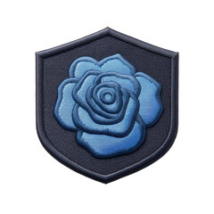 blue embroidered rose patch is displayed on dark shield shaped background, showcasing intricate stit