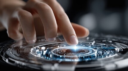 Fototapete - A hand is touching a glowing circle on a screen