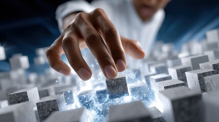 Fototapete - A hand is reaching for a block in a pile of blocks