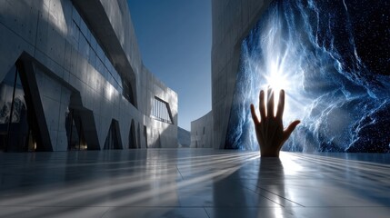 Aufkleber - A hand is shown in a large, empty room with a bright light shining on it