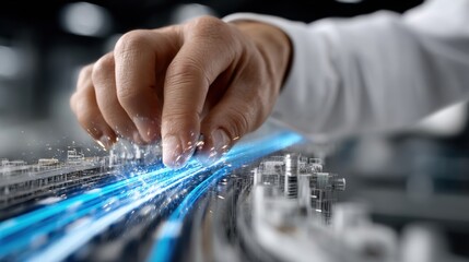 Fototapete - A hand is touching a blue line on a screen