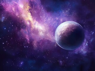 Wall Mural - distant planet in purple nebula landscape, cosmic space background, digital artwork, outer space exp