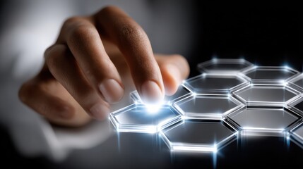 Leinwandbilder - A hand is pointing at a hexagonal grid of squares