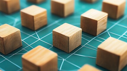Wall Mural - wooden cubes network abstract background teal pattern design 3d art grid clean lines brown light