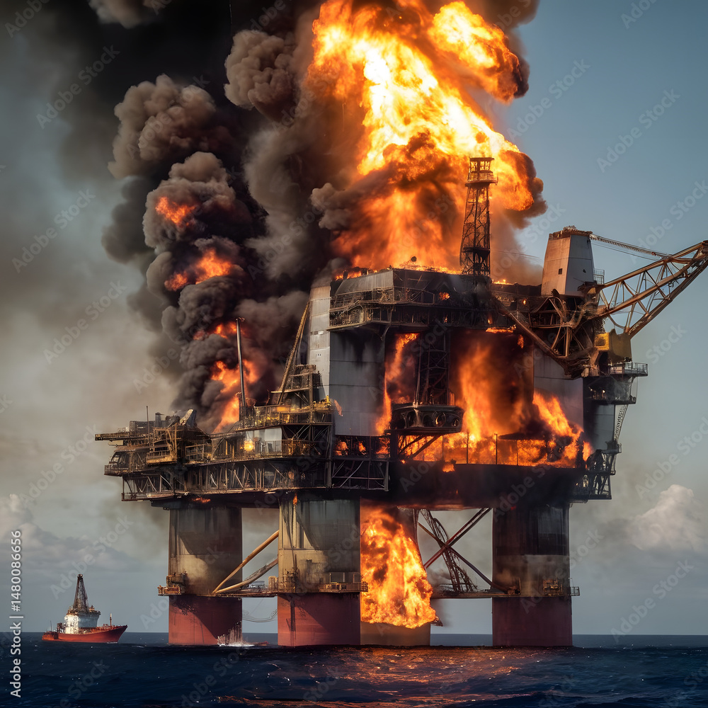 Offshore Oil Rig Inferno Massive Fire and Smoke Erupting from Platform ...