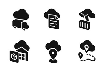 Wall Mural - collection of black icons representing cloud storage, delivery, and location tracking activities in 