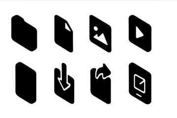 Wall Mural - set of black and white graphic icons representing various media types and actions in digital applica