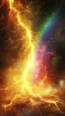 Wall Mural - dramatic space lightning strike abstract art illustration with rainbow effect and starry sky digital