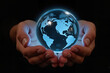 © DruZhi Art - Glowing Earth Globe in Human Hands – Illuminated Blue Planet With Continents Against Dark Background for Environmental Awareness, Earth Inhabitants, and World Population Day Campaigns