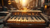 Abandoned antique keyboard in a dilapidated industrial setting