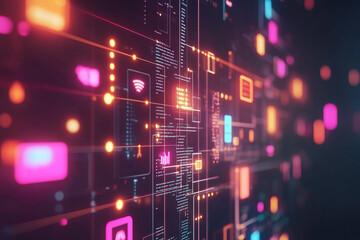 Abstract digital data network glowing neon lights and code