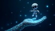 © Anwar - Abstract 3D digital AI robot floating above a human wireframe hand. Chatbot or AI bot assistant