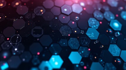 Wall Mural - Abstract digital honeycomb background with glowing futuristic technology icons and network connections in vibrant blue and purple hues.