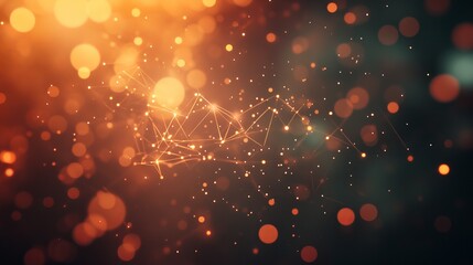 Wall Mural - abstract orange and brown network connection background image data dark dots warm fire bokeh lines