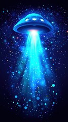 Wall Mural - ufo hovering in space with bright beam of light digital art illustration cosmic scene science fictio