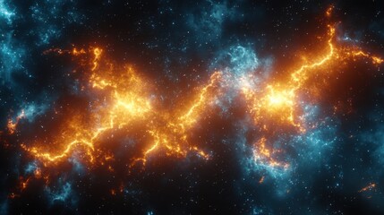 Wall Mural - dramatic wide angle view of a cosmic nebula with orange and blue colors in deep dark space with many