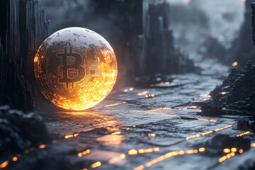 glowing bitcoin sphere rolls across dark futuristic landscape