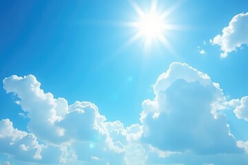 Wall Mural - Bright sunlight illuminates a clear blue sky with fluffy white clouds , sunny background, nature, natural light